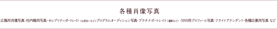 各種肖像写真（広報用肖像写真・社内報用写真・セレブリティポートレイト（お見合いなど）・プログラム・オーディション写真・プラチナポートレイト（遺影など）・フライトアテンダント・各種応募用写真 など）